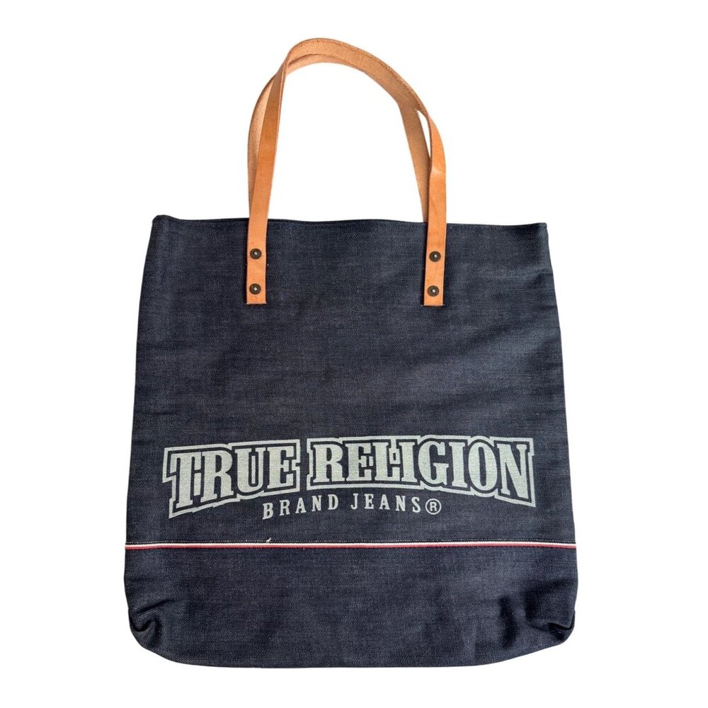 True Religion Denim Lined Tote Bag With Leather Straps & Red Interior NWOT